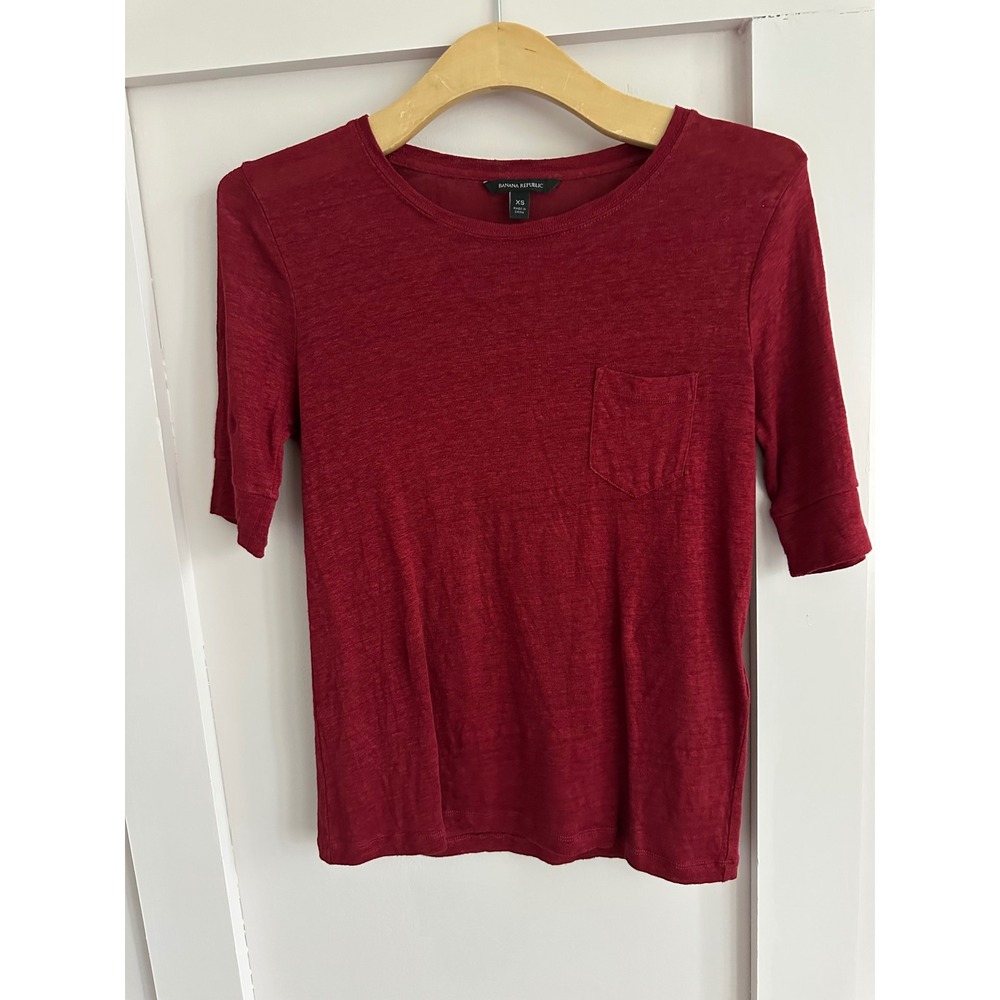 Banana Republic Womens XS Dark Red 100% Linen Short Sleeve Pocket Teeβ Shirt